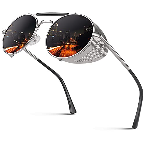 CGID Retro Sonnenbrille im Steampunk Stil Runde Metallrahmen Polarisiert Brille Herren Damen von CGID