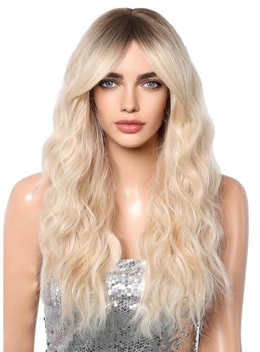 CGVG 24 Inch Lange Lockige Gewellte Perücke Mittelscheitel Ombre Blonde Perücke Damen Natürliche Synthetische Hitzebeständige Perücke für Party tägliche Tragen Fasching (24Inch Ombre Blond) von CGVG