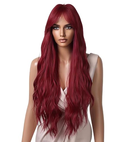CGVG 29 Inch Weinrote Lange Lockige Gewellte Perücke Damen Natürliche Synthetische Hitzebeständige Perücke für Party tägliche Tragen Fasching Halloween (29Inch Weinrot) von CGVG