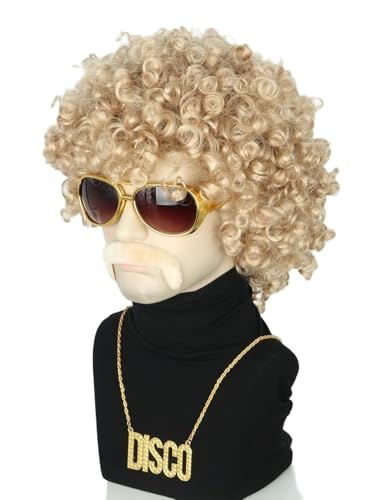 CGVG 4er Afro Perücke Set Herren Männer Afro Perücke mit Sonnenbrille Schnurrbart Halskette Vokuhila Perücke 70er 80er Jahre Outfit für Karneval Halloween Fasching (Blond-2) von CGVG