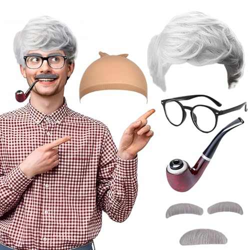 CGVG 5 Stück Opa Kostüm Set Rentner Kostüm Herren Alter Mann Kostümzubehör Opa Perücke Augenbrauen Schnurrbart Brille Tabakspfeife Großvater Grandpa Cosplay Zubehör für Halloween Fasching Karneval von CGVG