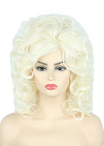 CGVG 70er 80er Jahre Bienenstock Perücke Schulterlange Lockige Retro Beehive Perücke mit Pony für Damen Frauen Cosplay Halloween Karneval Kostümparty (Blond-2) von CGVG