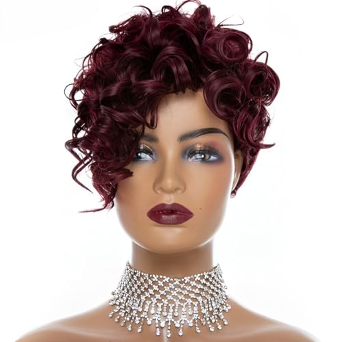 CGVG Afro Perücke Damen Kurze Lockige Gewellte Weinrote Afroperücke mit Lockige Pony Brasilianische Lockenperücke Kinky Curly Wig Synthetische Kunsthaare Mottoparty Halloween Fasching (Weinrot) von CGVG