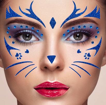 CGVG Blaue Katze Gesichtstattoo Katzen Sticker Katze Aufkleber Gesicht Temporäre Tattoos Cat Sticker für Karneval Fasching Halloween Party Geburtstag Festival Schminke von CGVG