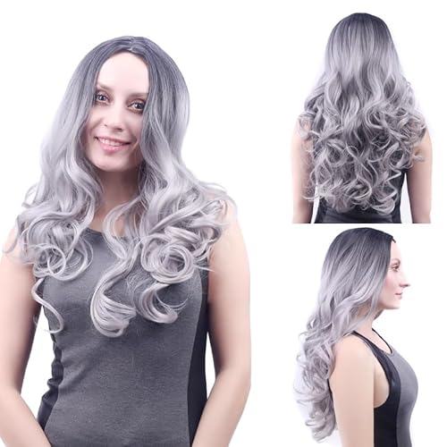 CGVG Halloween Graue Perücke Damen Lange Lockige Gewellte Perücke Synthetische Ombre Silber Grau Perücke für Halloween Karneval Fasching Pary Cosplay (Ombre Silbergrau) von CGVG