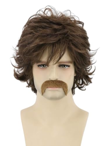 CGVG Herren 70er 80er Jahre Perücke und Bart Männer Kurze Lockige Braune Perücke mit Schnurrbart für Karneval Halloween Fasching Mottoparty Kostüm Party (Braun) von CGVG