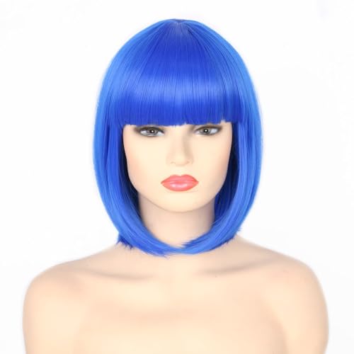 CGVG Kurze Gerade Bob Perücke mit Pony Damen Frauen Synthetische Bob Wig Cabaret Perücke für Karneval Fasching Halloween Cosplay Mottoparty (Blau) von CGVG