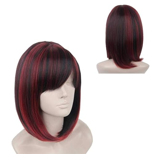 CGVG Kurze Gerade Bob Perücke mit Pony Damen Frauen Synthetische Bob Wig Cabaret Perücke für Karneval Fasching Halloween Cosplay Mottoparty (Schwarz und Rot) von CGVG