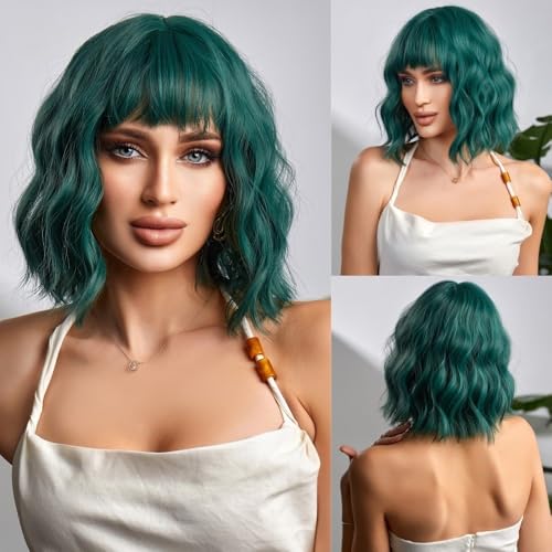 CGVG Kurze Gewellte Bob Perücke mit Pony Hitzebeständige Synthetische Lockige Schulterlange Perücke für Damen Frauen Cosplay Alltag Halloween Party Fasching Karneval (Grün) von CGVG