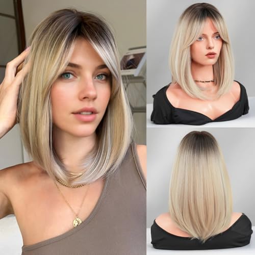 CGVG Kurze Glatte Ombre Blonde Perücke Charmante Mittelscheitel Perücke Damen Natürliche Kunsthaar Kurzhaarperücke für Tägliche Tragen Party Karneval Fasching Halloween von CGVG