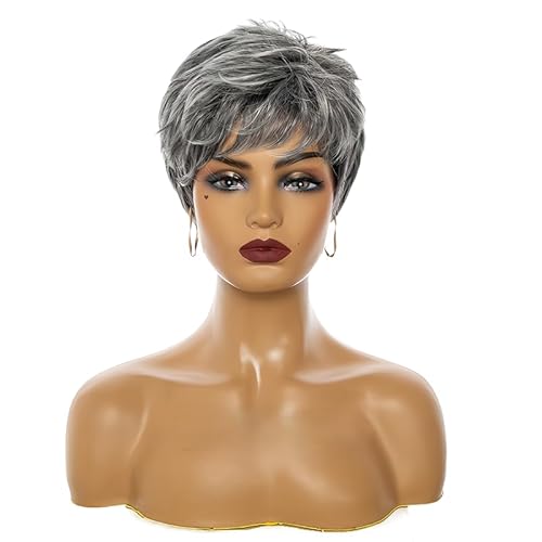 CGVG Kurze Graue Perücke Damen mit Pony Natürliche Geschichtete Flauschige Kurzhaarperücke Synthetische Hitzebeständige Oma Perücke Tägliche Gebrauch Cosplay Karneval (Grau) von CGVG