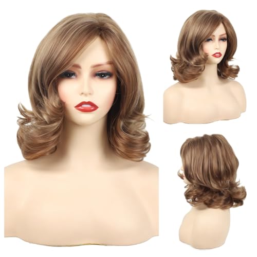 CGVG Kurze Lockige Braune Perücke Damen Natürliche Kunstfaserperücke Seitenscheitel Brown Wig Frauen Alltagsleben Party Karneval von CGVG