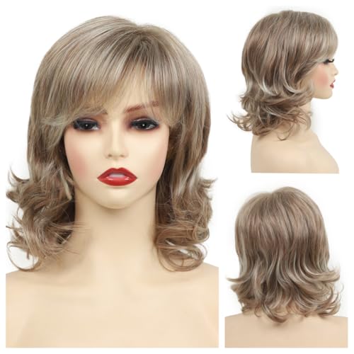 CGVG Kurze Lockige Hellbraune Perücke mit Pony Mittellange Schulterlange Perücke Fluffy Kunsthaare Damen Frauen von CGVG