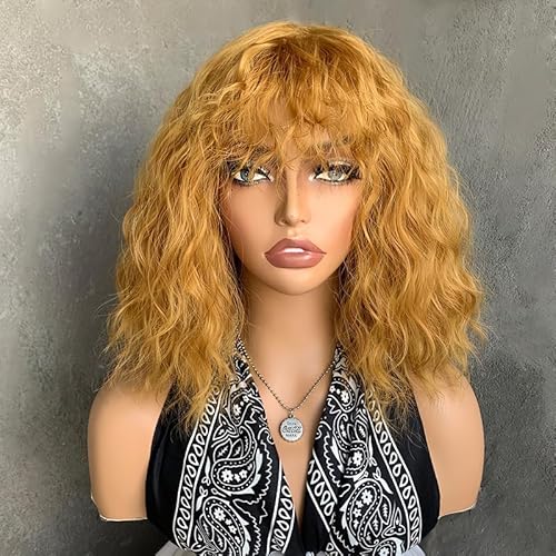 CGVG Kurzes Lockiges Haar mit Gewelltem Pony Natürliche Wellige Hellbraune Bob-Perücke Ginger Wig für Damen Frauen Mottopaty Karneval Cosplay von CGVG