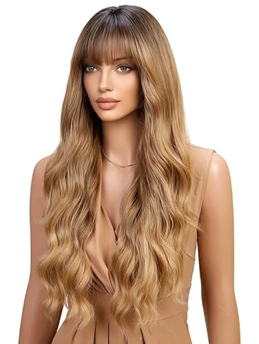 CGVG Lange Lockige Gewellte Braune Perücke mit Pony Ombre Hellbraune Perücke Damen Natürliche Synthetische Hitzebeständige Perücke Wavy Wig für Party Karneval Fasching von CGVG