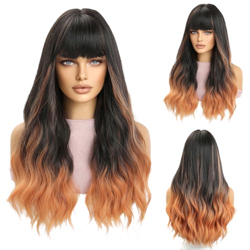 CGVG Lange Lockige Gewellte Perücke mit Pony Schwarz zu Hellorange Perücke Natürliche Synthetische Hitzebeständige Perücke für Damen Frauen Fasching Karneval Halloween Party von CGVG