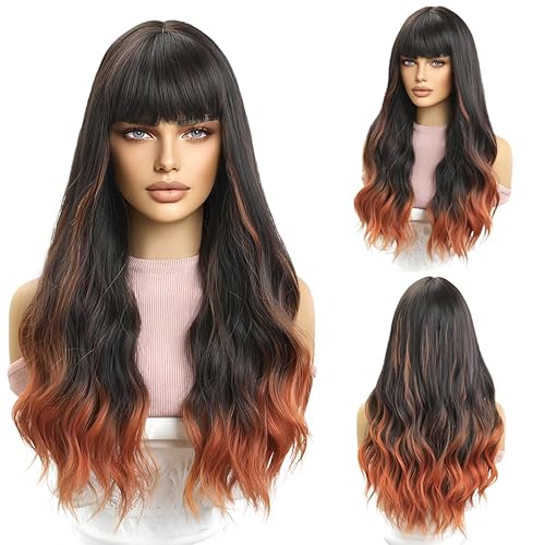 CGVG Lange Lockige Gewellte Perücke mit Pony Charmante Schwarz mix Orange Perücke Damen Natürliche Synthetische Hitzebeständige Perücken für Party tägliche Tragen Fasching (8266-2) von CGVG