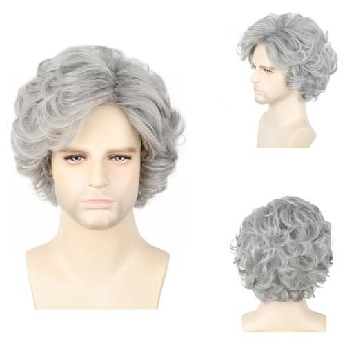 CGVG Männer Kurze Lockige Perücke Hitzebeständige Synthetische Herren Perücke für Tägliche Tragen Halloween Karneval Fasching Cosplay (Grau) von CGVG