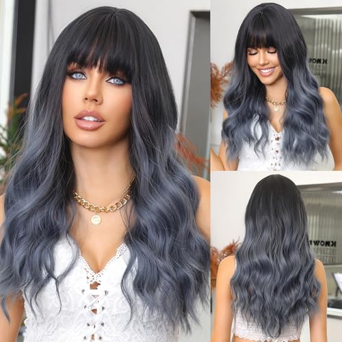 CGVG Ombre Graublaue Perücke Damen Lange Lockige Wellige Perücke mit Pony Natürliche Synthetische Hitzebeständige Perücken für Frauen Damen Halloween Cosplay Kostüm Blue Wig von CGVG