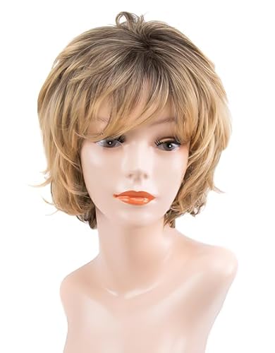 CGVG Ombre Blonde Perücke Damen Kurze Lockige Gewellte Perücke Frauen Kurz Fluffy Schicht Perücke Natürliche Synthetische Kurzhaarperücke Tägliche Gebrauch Party Karneval von CGVG