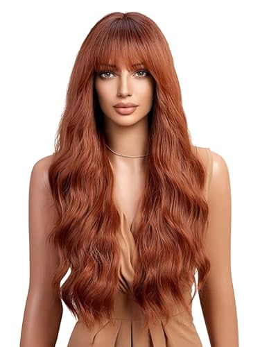 CGVG Orange Perücke mit Pony Lange Lockige Perücke Damen Synthetische Hitzebeständige Perücke für Cosplay Fasching Verabredung Party Wig von CGVG