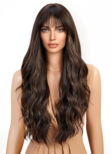 CGVG Perücke Braun mit Highlight Lange Gewellte Perükce mit Pony Charmante Braune Lockenperücke für Damen Frauen Tägliche Gebrauch Verabredung Party Fasching Wig von CGVG