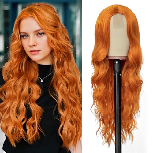CGVG Perücke Damen Lange Gewellte Orange Perücke Frauen Natürliche Lockige Mittelscheitel Perücke Tägliche Gebrauch Party Karneval Cosplay (Orange) von CGVG