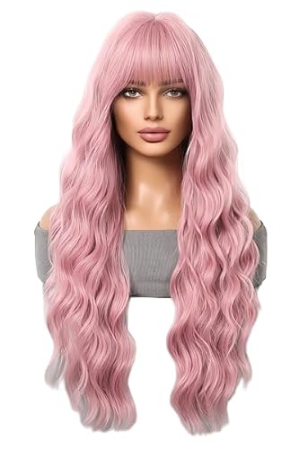 CGVG Perücke Damen Lange Lockige Rosa Perücke mit Pony Echthaar Perücke für Frauen Mädchen Alltagsleben Cosplay Party Konzert von CGVG