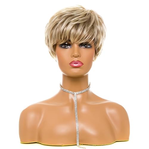 CGVG Blonde Kurze Perücke Damen Blonde Lockige Geschichtete Kurzhaarperücke Damen mit Pony Natürliche Hitzebeständige Kurzhaare für Frauen Tägliche Gebrauch Party mottoparty (090) von CGVG