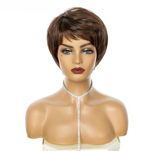 CGVG Braune Gestufte Kurzhaarperücke Damen Natürliche Synthetische Hitzebeständige Kurzhaar Perücke mit Pony für Frauen Tägliche Verwendung Party Karneval Fasching (168-4/30) von CGVG