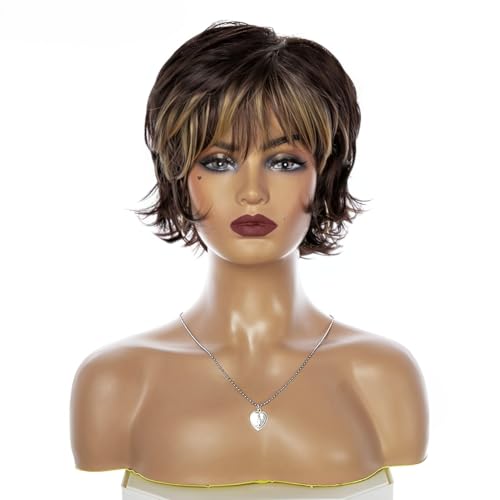 CGVG Braune Kurzhaaperücke Damen Gestufte Lockige Kurze Perücke mit Blondem Pony Natürliche Sythetische Kurzhaarschnitt Perücke für Frauen Tägliche Tragen Party Make-Up Karneval Fasching von CGVG