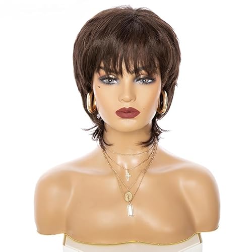 CGVG Kurze Glatte Braune Perücke mit Pony Natürliche Dunkelbraune Kurzhaarperücke Damen Synthetische Hitzebeständige Kurzhaare für Frauen Tägliche Gebrauch Party Mottoparty Karneval (160) von CGVG