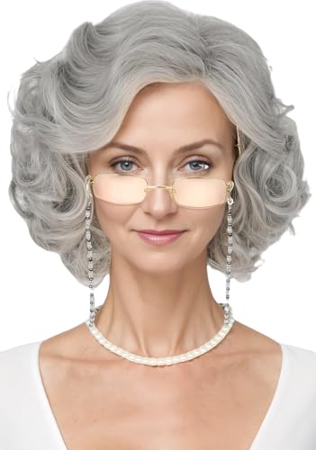 CGVG Oma Kostüme Zubehör Set Graue Oma Perücke Oma Brille mit Kette Perlenkette Großmutter Perücke Granny Perücke Alte Dame Perücke Old Lady Cosplay (Grau (mit Accessoires)) von CGVG