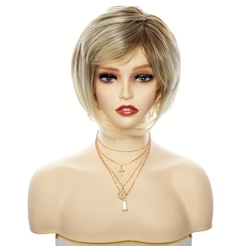 CGVG Ombre Blonde Kurzhaar Perücke Damen Flauschige Geschichtete Kurzhaarperücke mit Pony für Frauen Party Halloween Karneval Mottoparty (137) von CGVG