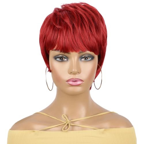 CGVG Rote Kurzhaarperücke Damen Synthetische Kurze Glatte Rote Perücke mit Pony Hitzebeständige Gestufte Kurzhaare Kunsthaare für Halloween Karneval Fasching Party Cosplay (209) von CGVG