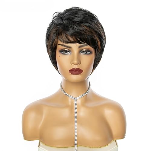 CGVG Schwarze mit Braunem Highlight Kurzhaar Perücke Synthetische Gestufte Kurzhaarperücke Damen für Frauen Tägliche Gebrauch Party Karneval Fasching (168-1B30) von CGVG
