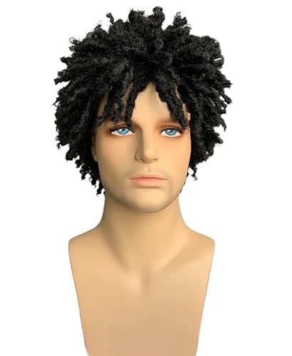 CGVG Perücke Herren Schwarze Kurze Perücke mit Dreadlocks Afro Perücke Männer Rastalock Rasta Lockenkopf Funky Hippie Disco Mottoparty Themenparty Karneval Halloween von CGVG