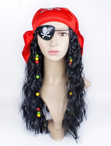 CGVG Piraten Piratin Perücke mit Perlen Rote Bandana Augenklappe Seeräuber Schwarze Piratenperücke Piratenkostüm Damen für Erwachsene Halloween Karneval Cosplay von CGVG