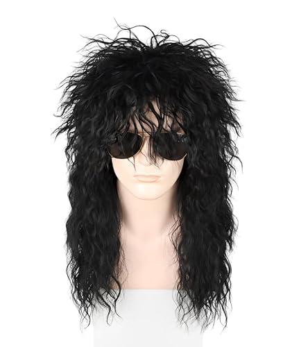 CGVG 70er 80er Jahre Vokuhila Perücke Lange Lockige Mullet Perücke Rocker Punk Popstar Disco Perücke für Herren Damen Karneval Halloween Mottoparty (Schwarz) von CGVG