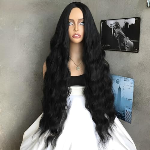 CGVG Schöne Perücke Damen Natürliche Schwarze Lange Gewellte Perücke Charmante Lockenperücke Mittelscheitel Synthetische Kunstfaser Tägliche Tragen Party Halloween Karneval von CGVG