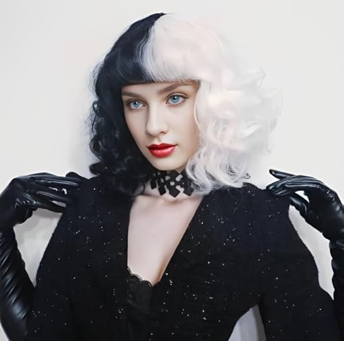 CGVG Kurze Lockige Schwarz und Weiße Perücke Damen Halb Schwarz Halb Weiß Perücke mit Pony für Halloween Cosplay Fancy Dress Kostümparty von CGVG