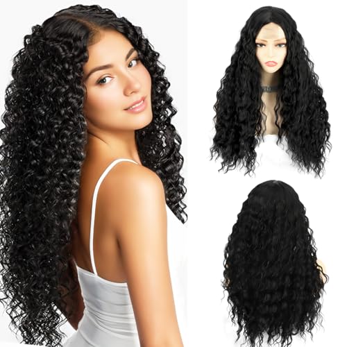 CGVG Schwarze Perücke Damen Lange Lockige Gewellte Perücke Frauen Natürliche Mittelscheitel Lockenperücke Black Curly Wig für Alltagsleben Party Karneval Halloween Cosplay von CGVG