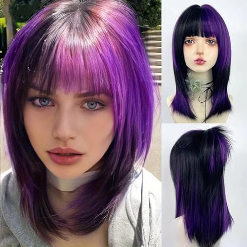 CGVG Schwarze gemischt Lila Perücke mit Pony Hexen Vampir Perücke Schulterlange Glatte Perücken Damen für Halloween Fasching Karneval Cosplay von CGVG