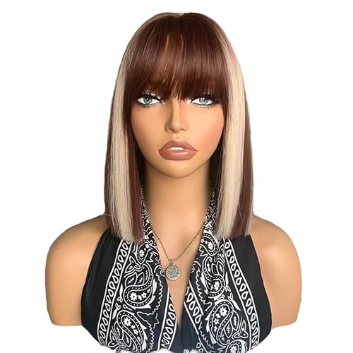 CGVG Stylische Bob Perücke Damen Kurze Gerade Braune Perücke mit Pony Braun mit Blondes Highlight Kurzperücke Synthetische Kunsthaare Party Karneval von CGVG