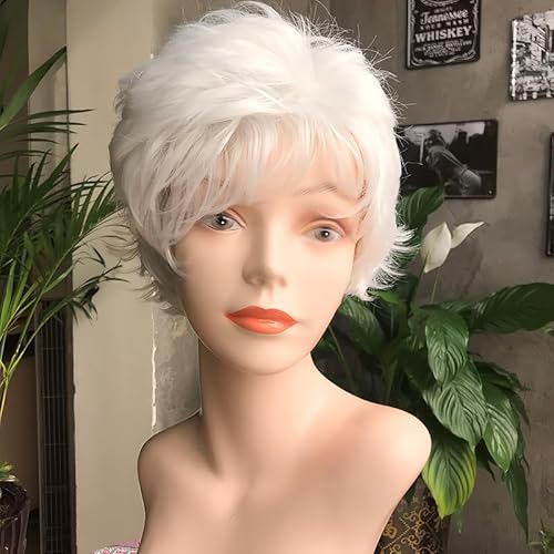 CGVG Weiße Kurzhaarperücke Damen Kurze Lockige Damenperücke Natürliche Geschichtete Flauschige Kurzperücke mit Pony Oma Perücke Tägliche Gebrauch Cosplay von CGVG