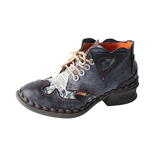 CH SHOELANDER Damen Leder Schnürhemd Hals Breite Stiefeletten, Schwarz , 40 EU von CH SHOELANDER