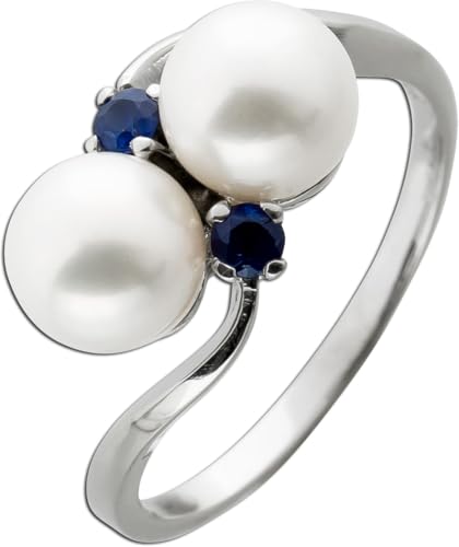 Ch.Abramowicz Perlenring Weißgold 585 14K Akoyaperlen blaue Saphire 0.12ct 19 von CH.ABRAMOWICZ