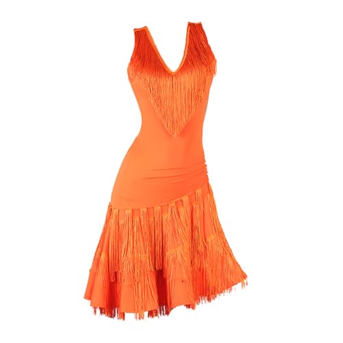 CHAGMEA Ärmelloses Latein Für Damen Tanzkleider Für Die Praxis Lateinisches Turnierkleid Für Frauen Flamenco Kleid Salsa Tanzen Outfit,Orange,S von CHAGMEA