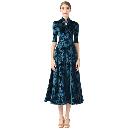 Cheongsam Kleid, Traditionelle Pflaumenblüte Frauen Chinesisch Lange Cheongsam Brautjungfer Abendkleid,Peacock Blue,XXL von CHAGMEA
