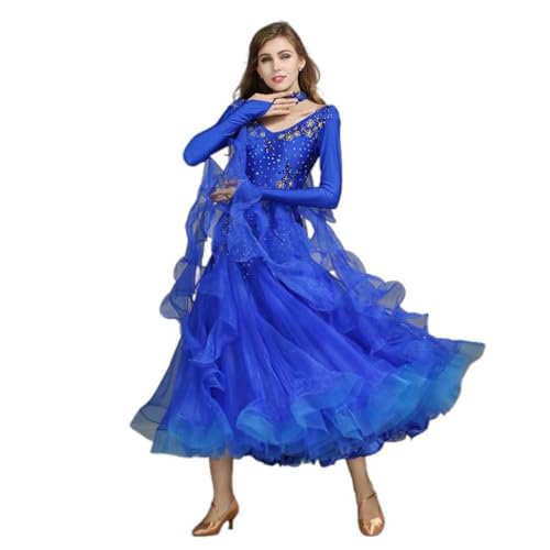 CHAGMEA Damen Ballsaal-Tanzkleid Mit Langen Ärmeln, Walzer-Tango-Tanzkleid, Standard-Kleid Für Den Modernen Tanz, Wettkampfkleid,Blau,M von CHAGMEA